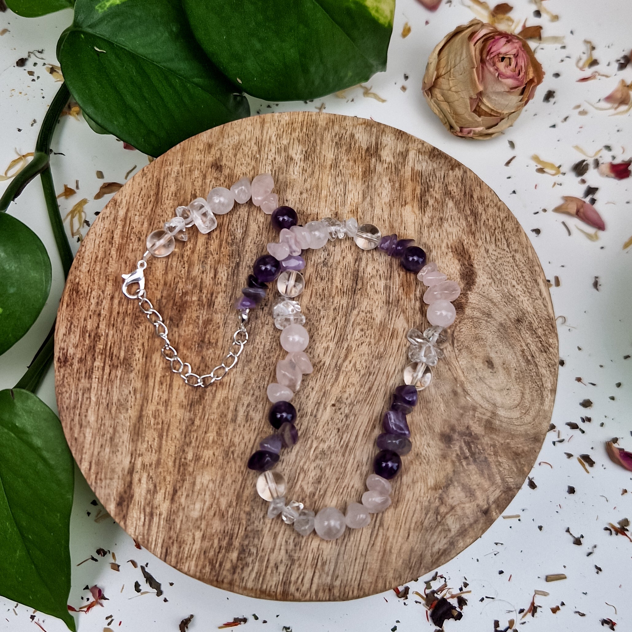 Choker necklace with amethyst, rock crystal, and rose quartz