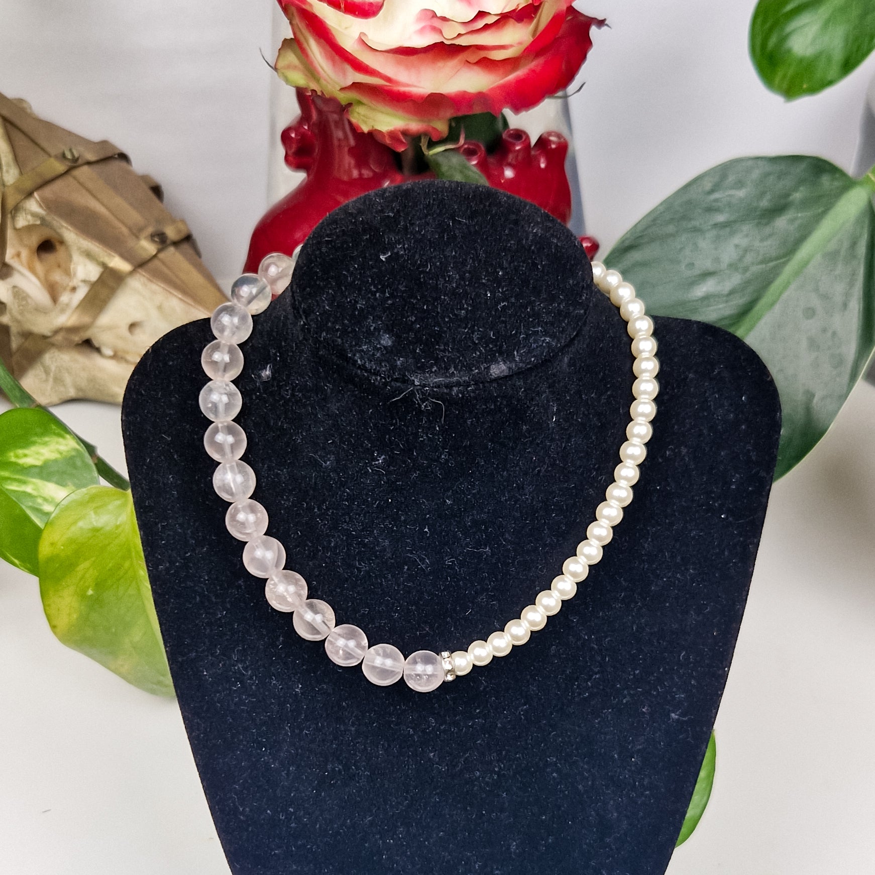 Rosenquarz & Perlen Kette 'Amara'